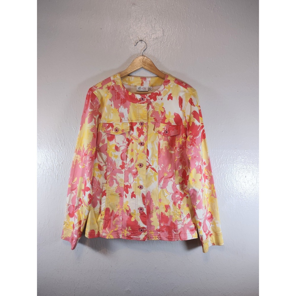 Denim & Co. Pink Yellow Floral Stretch Denim Jacket Womens Size Large Collarless